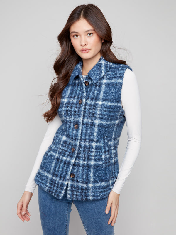 Plaid boucle knit vest featuring a spread collar in moonlight, styled with button front for a chic look by Charlie B.