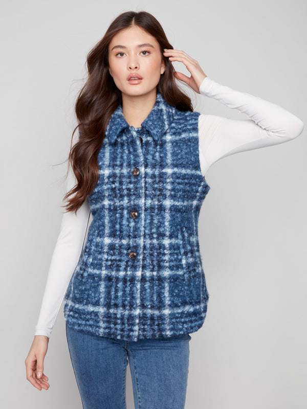 Experience elegance in this moonlight plaid vest made from bouclé knit fabric, perfect for any occasion by Charlie B.
