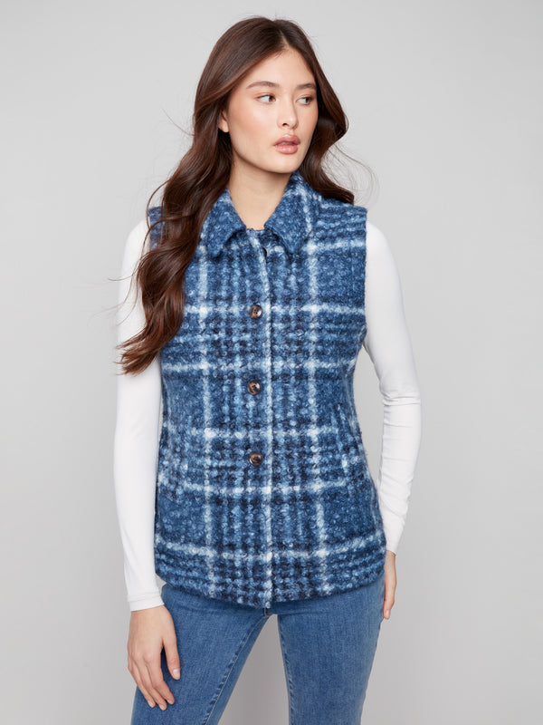 Elevate your wardrobe with the versatile plaid boucle knit vest, showcasing exquisite craftsmanship by Charlie B.