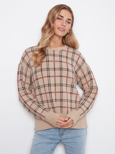 Heather-Biscotti plaid sweater featuring a stylish drop shoulder design, complemented by ribbed cuffs and buttons by Charlie B.
