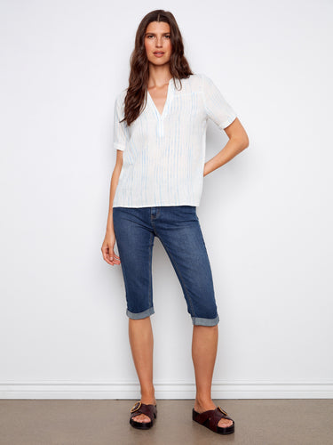 Stylish short-sleeve blouse with blue stripes, perfect for a casual day out, made from 100% cotton by Charlie B.