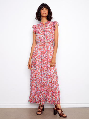 Floral maxi dress with a charming notched neckline and delicate front tie, adding an elegant touch by Charlie B.