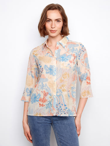 Cotton blend blouse with abstract design, featuring a stylish shirt collar and vibrant colors for a chic look by Charlie B.