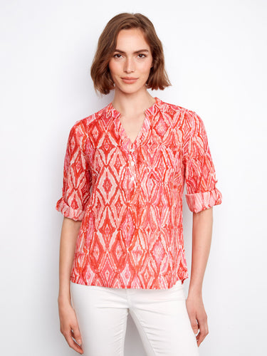 Scarlet geometric blouse featuring a half-button design and roll-up sleeves, perfect for casual elegance by Charlie B.