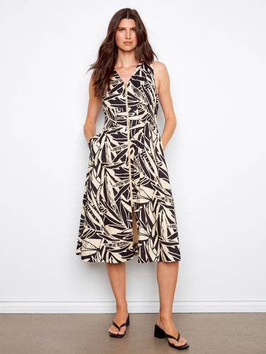 Abstract print midi dress with hidden pockets and a stylish V-neckline by Charlie B.