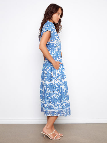 Blue and white printed eyelet cotton dress with short dolman sleeves, adorned with a chic belt by Charlie B.