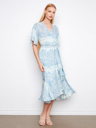 Elegant faux wrap dress with a flattering V-neck and flutter sleeves, perfect for any occasion by Charlie B.