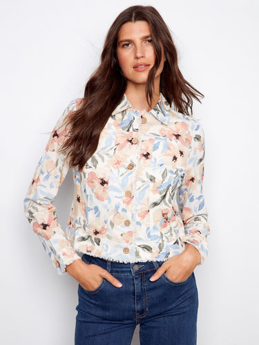 With its front button closure, this floral jacket offers both style and convenience, ensuring you look fashionable effortlessly by Charlie B.