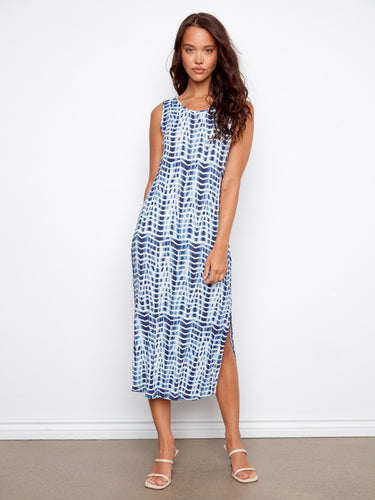 Linen blend dress showcasing a scoop neckline with a striking zigzag pattern and side slits by Charlie B.