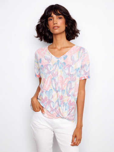 Chic heart-printed tee with a fashionable side knot detail at the hem by Charlie B.