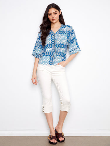 Chic blue and white patterned top featuring a relaxed fit, perfect for casual outings by Charlie B.