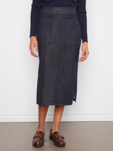 This deep blue skirt has a regular rise, perfect for pairing with various tops. Patch pockets add functionality by Charlie B.