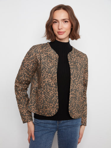 Leopard print jacket with an open front and stylish patch pockets, perfect for a chic and modern look. By Charlie B.