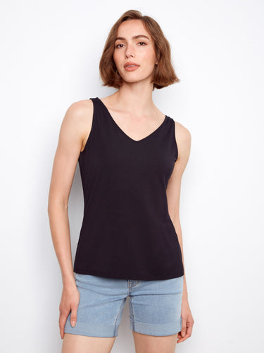 Black bamboo cami with a scoop neckline, showcasing its relaxed fit and versatile style by Charlie B.