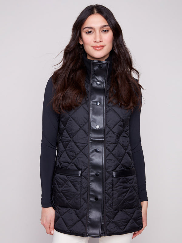Elegant black quilted texture vest with convenient patch pockets for added style by Charlie B.