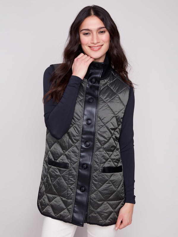Spruce reversible vest highlighting the chic button front closure and practical design by Charlie B.