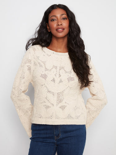 Natural crochet cardigan featuring a crew neckline, ideal for adding elegance to any outfit by Charlie B.