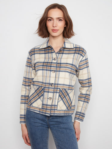 Plaid jacket with a classic shirt collar, perfect for casual outings. Styled in blue and beige tones by Charlie B.