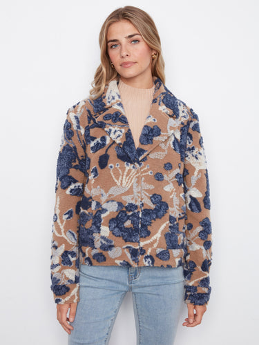 Sherpa flocked coat in a floral pattern with snap-button closure, offering a cozy and stylish look by Charlie B.