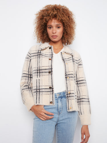 Cozy plaid jacket featuring a snap-button closure for easy wear, paired with casual jeans. Perfect for everyday style by Charlie B.