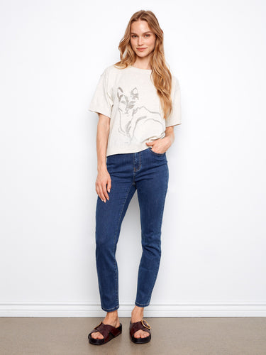 Chic short sleeves complement the animal print design on this versatile 100% cotton top by Charlie B.