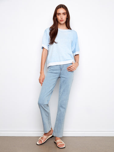 Soft blue short-sleeve sweater featuring a crew neck and 100% cotton fabric for ultimate comfort by Charlie B.