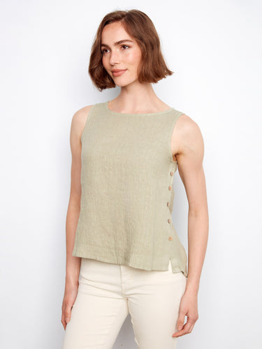 Linen top featuring a scoop neckline and elegant side button detailing, perfect for a casual yet chic look by Charlie B.