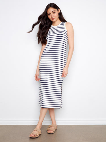 Striped dress featuring a crew neckline, perfect for casual outings. The comfortable design adds to its appeal by Charlie B.
