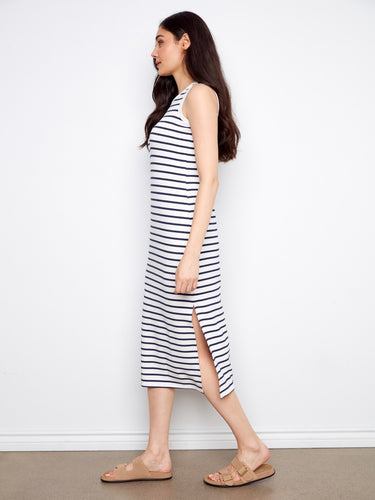 Elegant maxi length striped dress in stretch scuba fabric, ideal for any occasion. A versatile addition to your wardrobe by Charlie B.