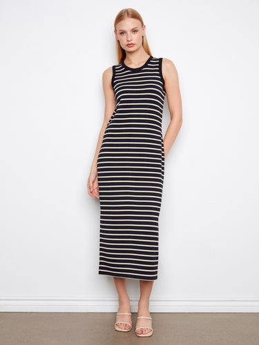 Black sleeveless striped scuba dress featuring a maxi length for elegant style by Charlie B.