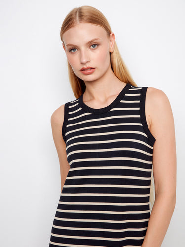 Stylish black sleeveless striped scuba dress crafted from stretch scuba fabric by Charlie B.