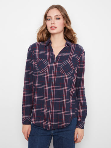 Midnight plaid blouse featuring a classic shirt collar and soft cotton-tencel blend for ultimate comfort by Charlie B.