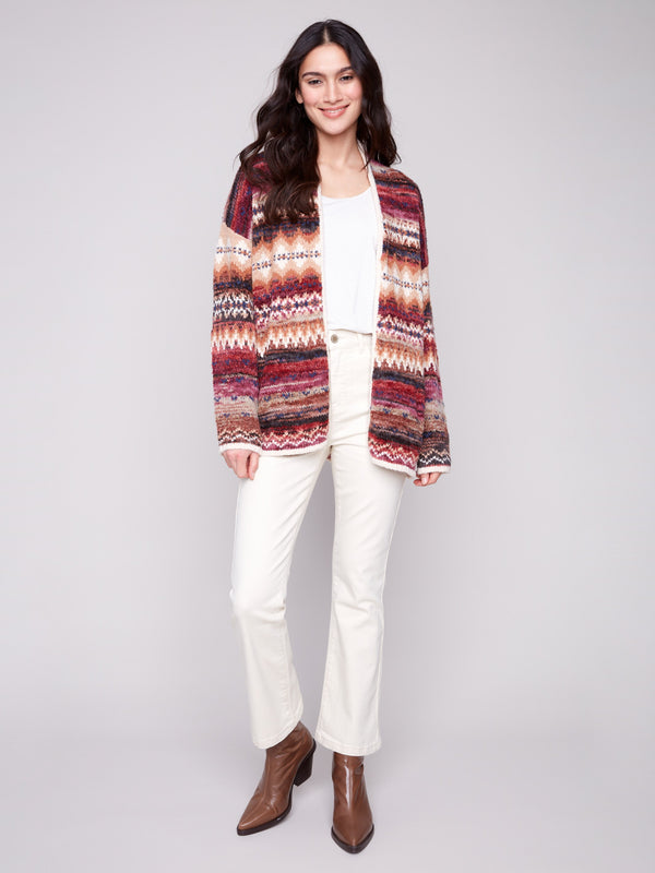 Space Dye Jacquard Cardigan featuring a drop shoulders design in vibrant jewel tones and geometric pattern by Charlie B.