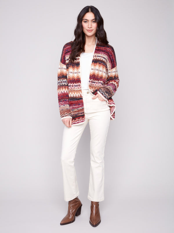 Stylish Space Dye Jacquard Cardigan showcasing an open front design with intricate geometric patterns by Charlie B.