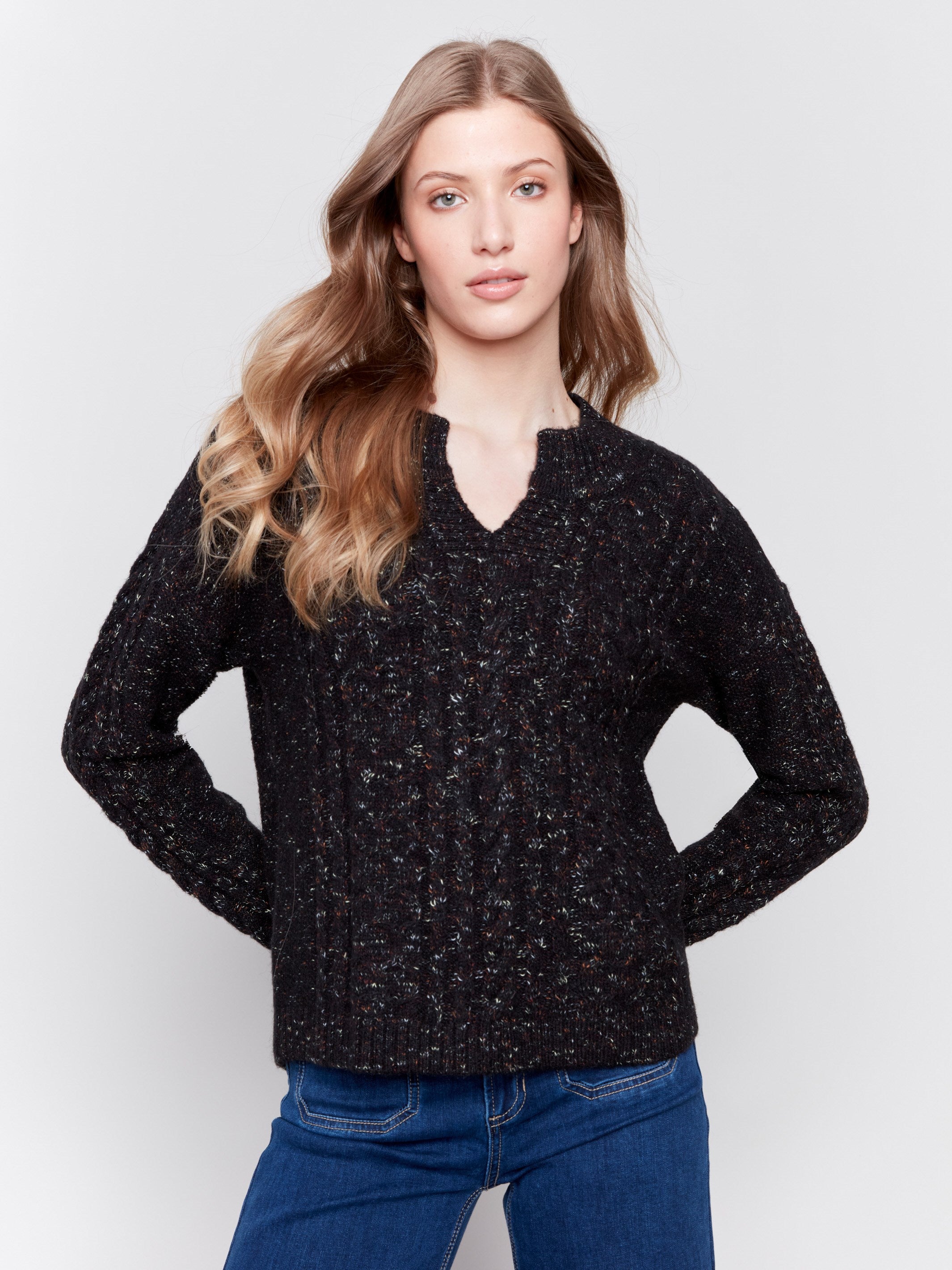 Charlie B Speckle Yarn Knit Sweater C2729 Black XL