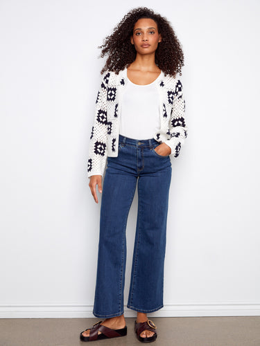 Chic open-front cardigan featuring intricate square crochet design and bold patterns by Charlie B.