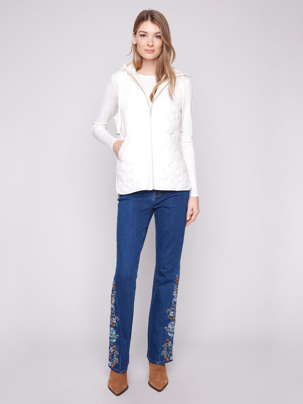 Chic ecru vest with quilted stars and convenient zipper front closure, ideal for versatile styling by Charlie B.