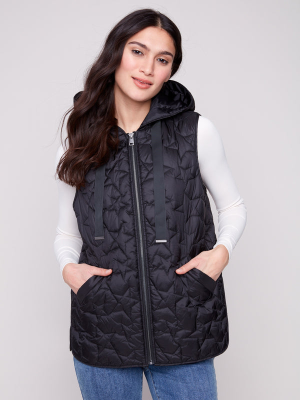 Black vest with quilted stars and hood, featuring drawstrings for adjustable comfort by Charlie B.
