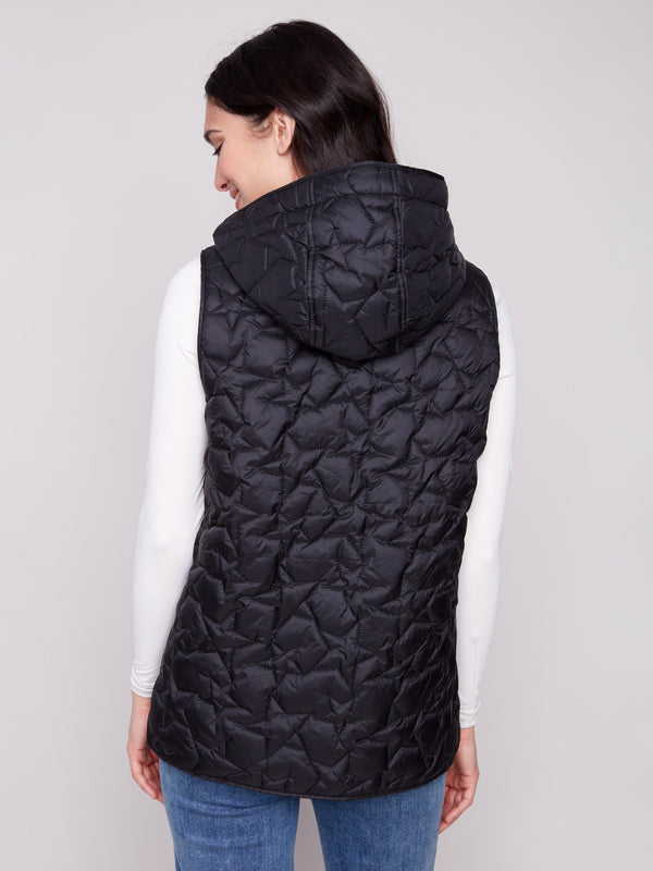 Chic black vest showcasing a hood with drawstrings and quilted star patterning by Charlie B.