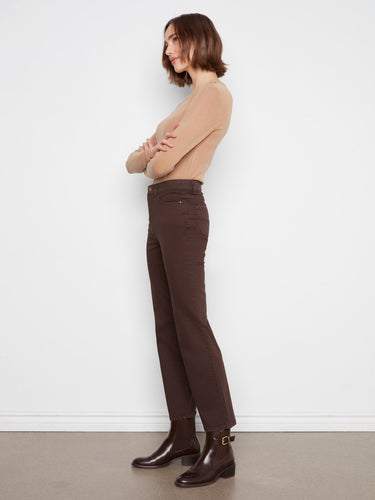 Long-length brown pants designed with five-pocket styling, perfect for both casual and formal occasions by Charlie B.