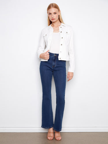 White denim jacket featuring a classic shirt collar, offering a timeless look with modern comfort by Charlie B.