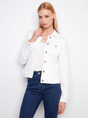 This stylish white jacket boasts button-flap patch pockets for added functionality and flair by Charlie B.