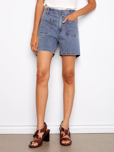 These denim shorts offer a short length and stretch fabric that ensures comfort while maintaining a trendy look by Charlie B.