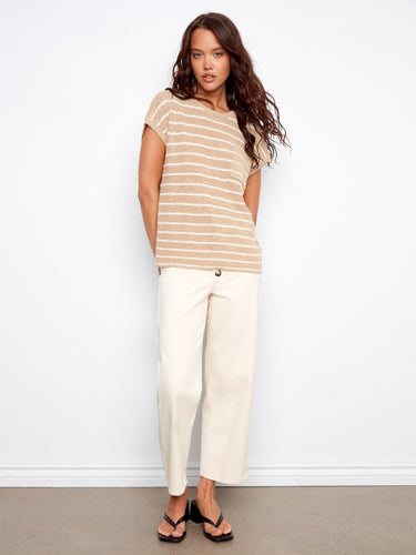 Lightweight sand-colored striped knit top featuring a relaxed crew neckline by Charlie B.