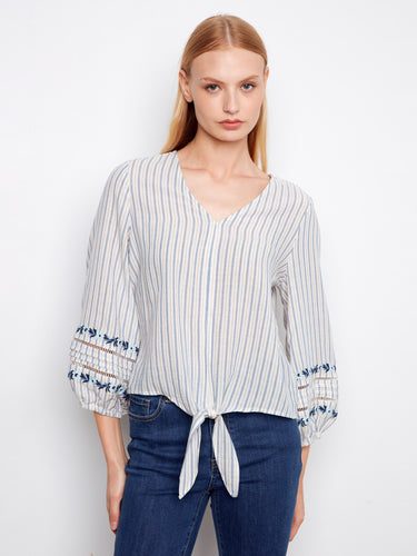 Striped blouse with intricate embroidery detail at the sleeves, crafted from 100% cotton by Charlie B.
