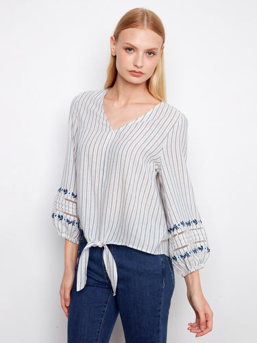 Elegant V-neck striped blouse with detailed embroidery on the sleeves, made from pure cotton by Charlie B.
