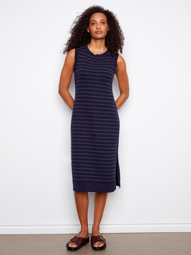 Navy striped sweater dress featuring a crew neckline and crafted from 100% cotton for comfort and style by Charlie B.