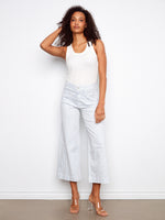 Flare fit striped pants with front and back patch pockets, crafted in stretch twill fabric for comfort by Charlie B.