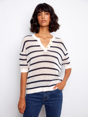 Striped top featuring a stylish notch neckline and button accents for a chic look by Charlie B.