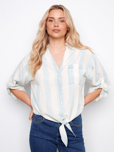 Shirt with a collared V-neckline, featuring a stylish front tie for added flair. Perfect for casual outings by Charlie B.